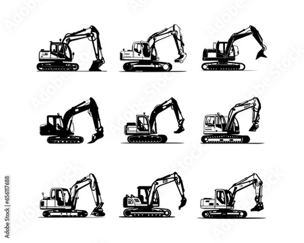 Fototapeta A set collection of excavator vector illustrations
