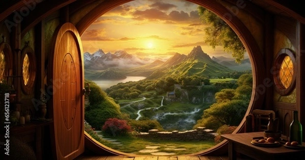 Obraz Landscape with hobbit house in the county, fantasy and fiction concept. Generative AI