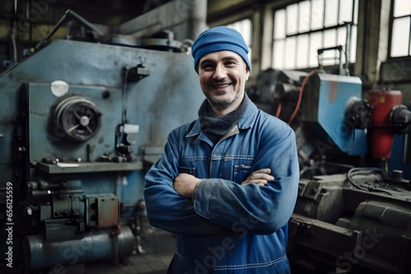 Obraz Portrait of confident young worker standing with arms crossed in factory looking at camera, Industry and engineering concept