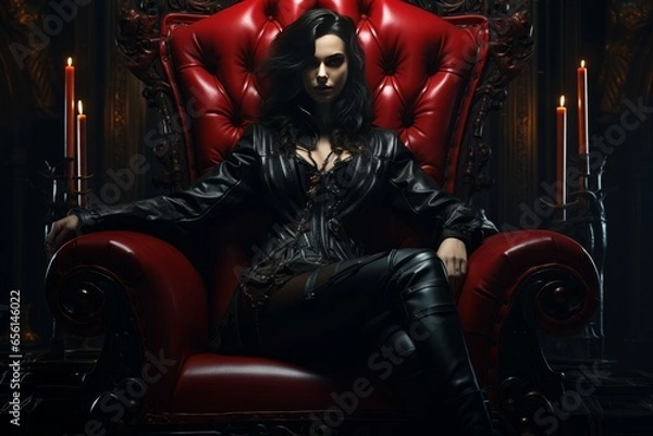 Fototapeta Strict dominatrix sits on a red throne in a black outfit Generative AI