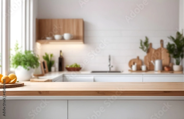 Fototapeta Wooden light empty table top in modern white kitchen and blurred background