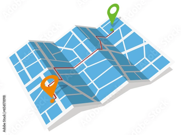 Obraz 出発地と目的地のアクセスルートをマーカーが示す地図　斜め　ベクターイラストレーション