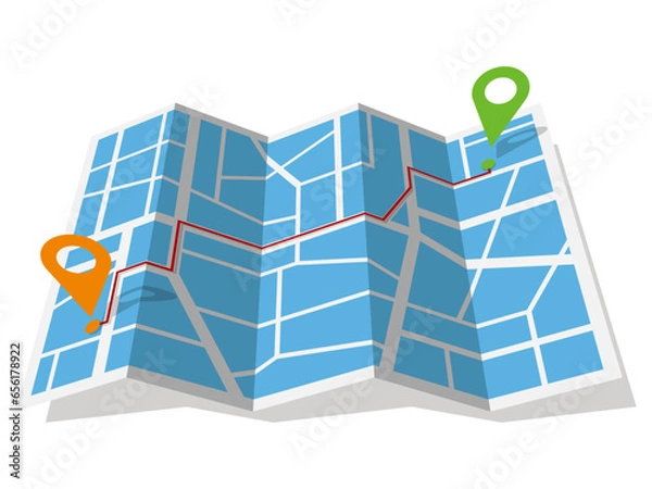 Obraz 出発地と目的地のアクセスルートをマーカーが示す地図　正面　ベクターイラストレーション