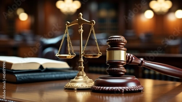 Obraz Close-up shot of the gavel on the judge's desk symbolizing court trials, justice, and legal decisions in the courtroom. The gavel and scales of justice representing law and justice concepts