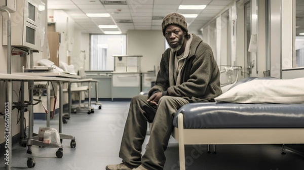 Fototapeta A dark-skinned elderly homeless man is receiving help in the hospital, sitting on a bed.