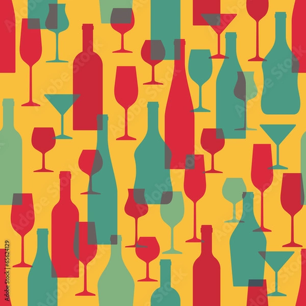 Fototapeta Background with Wine Bottles and Glasses - Seamless Pattern