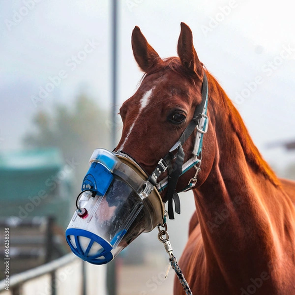 Fototapeta Horse head portraits with inhalation mask, photo from diagonally in front.