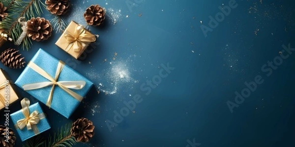 Obraz Christmas concept, top view photo, blue background with copy space, gift boxes, pine cones, Generative AI.