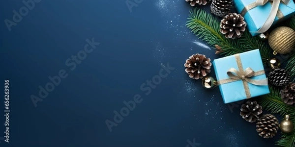 Obraz Christmas concept, top view photo, blue background with copy space, gift boxes, pine cones, Generative AI.