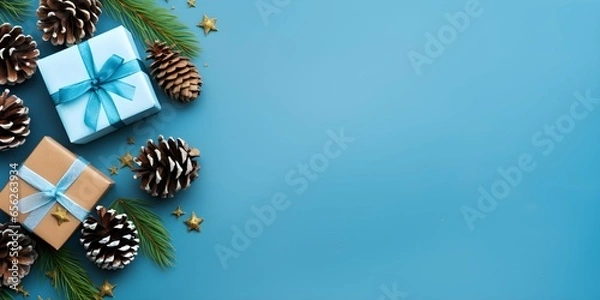 Fototapeta Christmas concept, top view photo, blue background with copy space, gift boxes, pine cones, Generative AI.