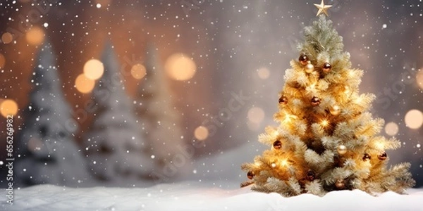 Obraz Christmas tree background and copy space. Landscape with falling white snow. Generative AI.