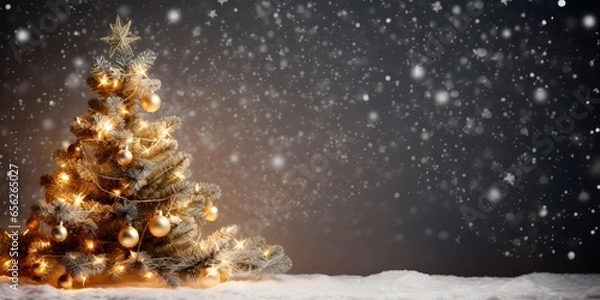 Fototapeta Christmas tree background and copy space. Landscape with falling white snow. Generative AI.