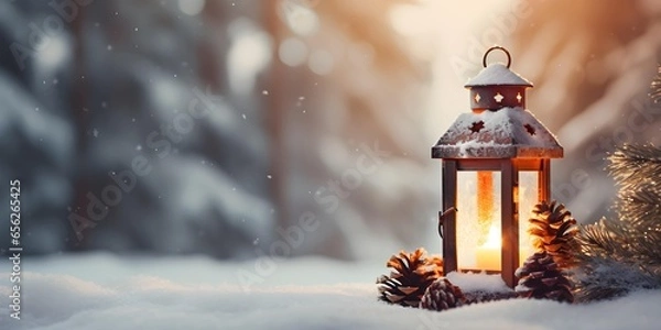 Fototapeta Christmas lantern on the snow. Winter season background and copy space. Generative AI.