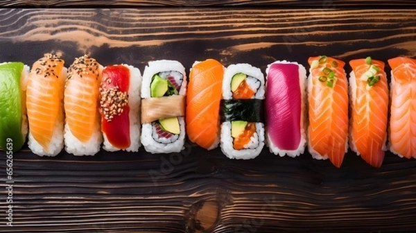 Obraz Background of many sushi such as salmon and tuna. Generative AI.
