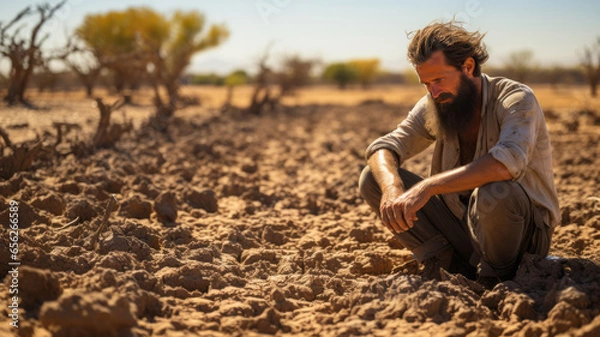 Obraz man who looks thirsty are sitting in despair because of the drought. a world without water.generative ai