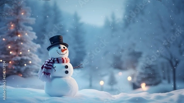 Obraz Background with snowman and copy space. A snowy landscape. Christmas concept. Generative AI.