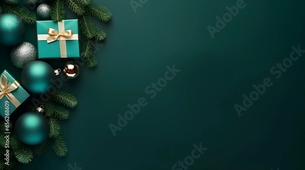 Obraz Christmas concept, Top view photo, green background with empty space, Christmas presents and Christmas tree ornaments Generative AI.
