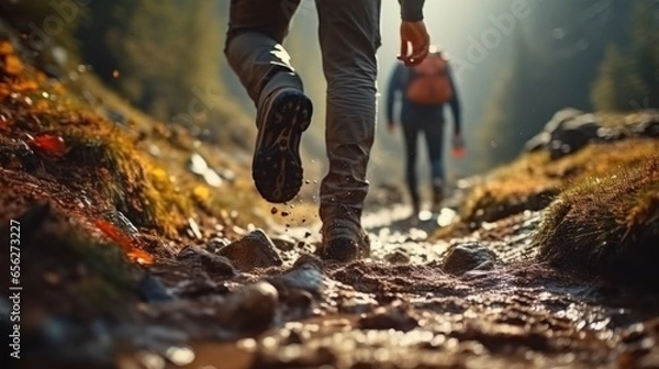 Fototapeta Nature Enthusiast Trekking through Mountain Terrain.