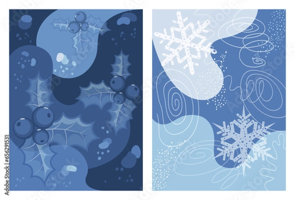 Fototapeta A set of two simple abstract backgrounds in blue tones on the theme of the winter holidays. Design elements for cards, covers, posters, flyers, showcases, seasonal decor