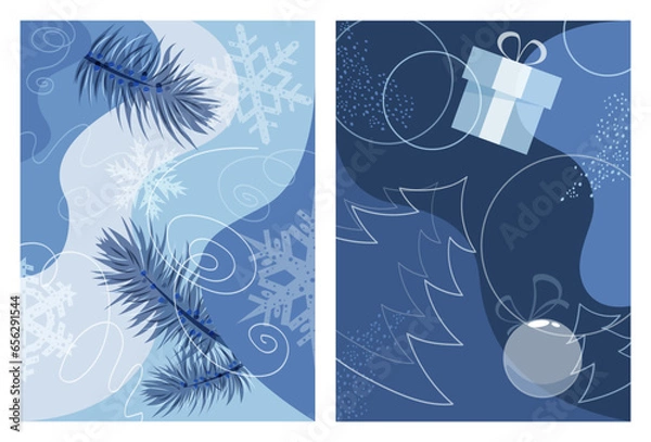 Fototapeta A set of two simple Christmas abstract backgrounds in blue tones. Design elements for cards, covers, posters, flyers, showcases, seasonal decor