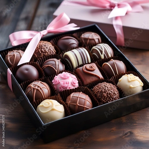 Fototapeta assorted chocolates confectionery in their gift box. Made with generative ai. 