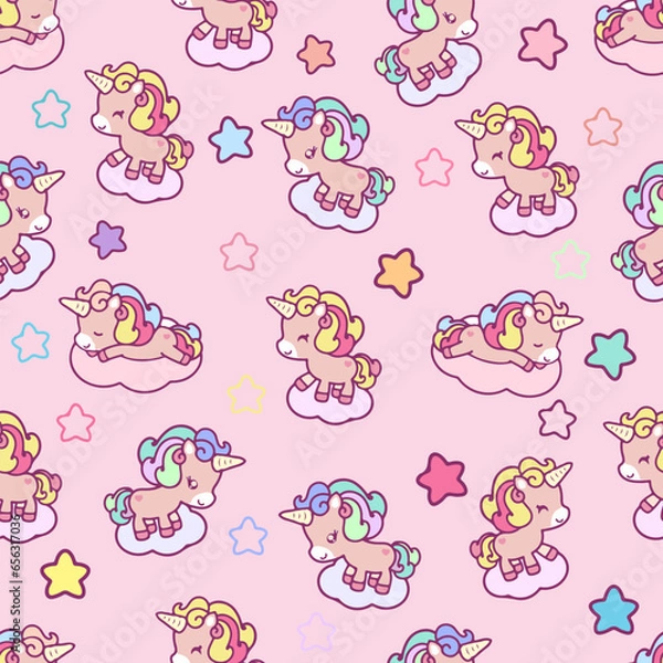 Fototapeta Little horses, unicorns, seamless pattern, vector illustration of a cute cartoon unicorn. Used for girlish surface design, fabric printing, card printing, fashion children's clothing, children's wallp