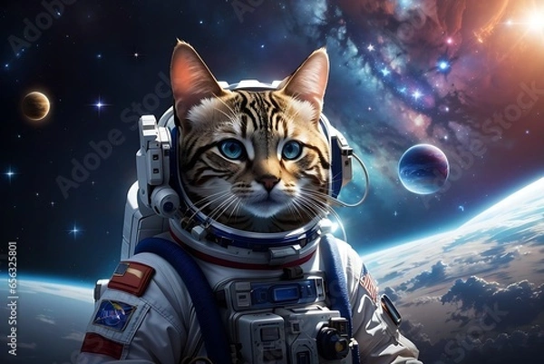 Obraz Science fiction space wallpaper with cat astronaut, incredibly beautiful planets, galaxies,  beauty of endless universe