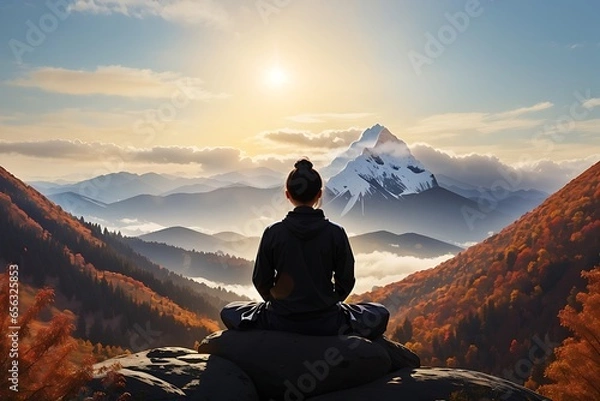 Fototapeta Serene silhouette meditating on tranquil autumn mountain freedom