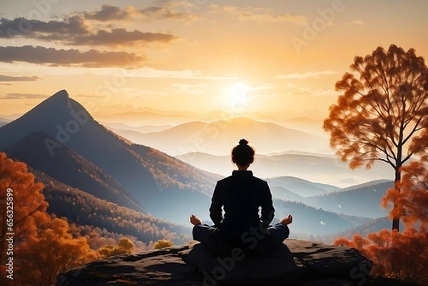 Fototapeta Serene silhouette meditating on tranquil autumn mountain water