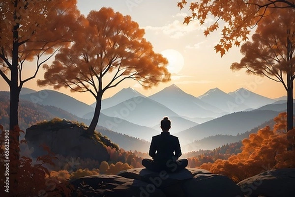 Fototapeta Serene silhouette meditating on tranquil autumn mountain landscape