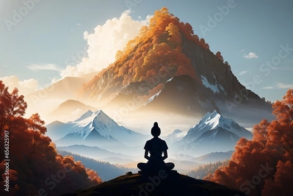 Fototapeta Serene silhouette meditating on tranquil autumn mountain peak