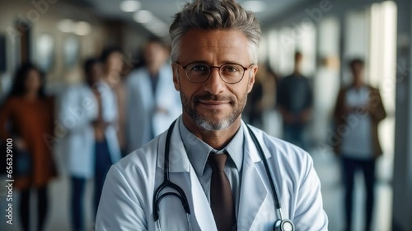 Fototapeta Male doctor smiling and standing in a hospital corridor with a diverse group of staff in the background.