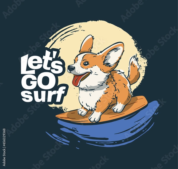 Fototapeta Corgi moon surfer cool summer t-shirt print. Dog midnight ride surfboard on big wave.