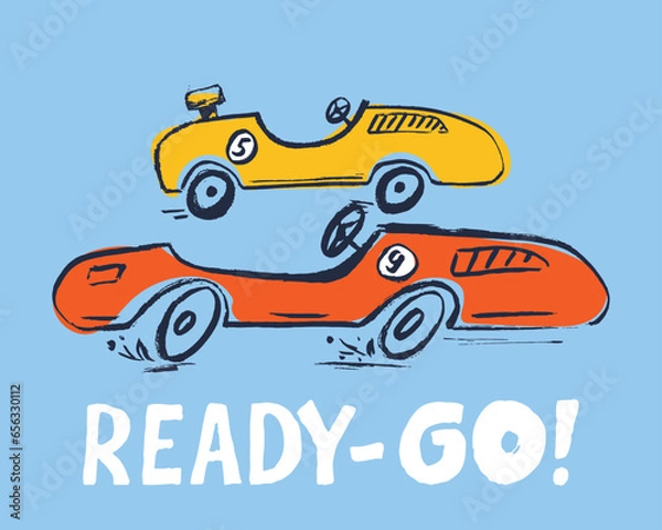 Fototapeta Racing car funny cool summer t-shirt print design. Race speed sports cabriolet auto. Ready-go slogan