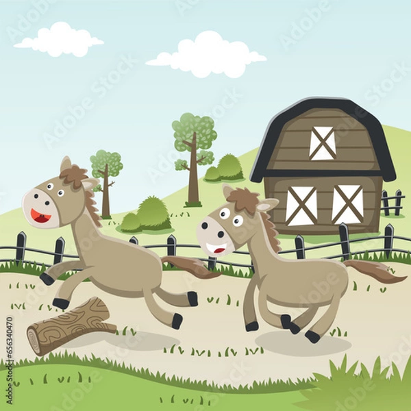 Obraz Happy horse and frend cartoon in the farm. Nature and country concept. Vector childish background for fabric textile, nursery wallpaper, card, poster and other decoration.