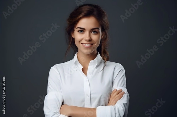 Fototapeta Blank Canvas for Your Message: Woman Smiles with Folded Arms