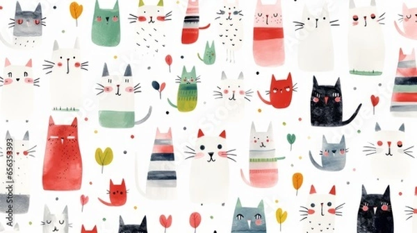 Obraz Cat background, pattern with Christmas trees