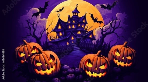 Obraz Halloween-themed graphic t-shirt design with haunted house and pumpkin heads on violet background