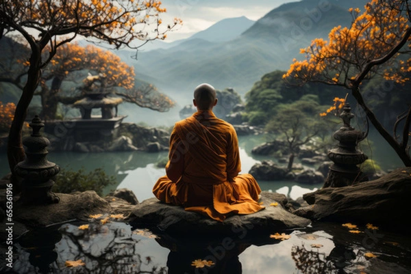 Fototapeta Monk in the lotus position in the temple. Generative AI.	