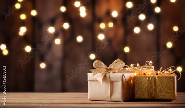 Fototapeta Empty wood table top with blur gifts with bokeh light background