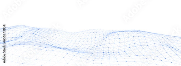 Fototapeta Abstract technology wave of particles. Big data visualization. Vector background with motion dots and lines. Artificial intelligence.