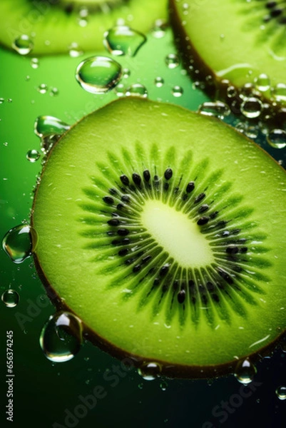 Obraz Cut kiwi fruits in water with air bubbles