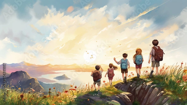 Fototapeta a row of children with backpacks view from the back against a white sky banner poster watercolor painting design back to school camp