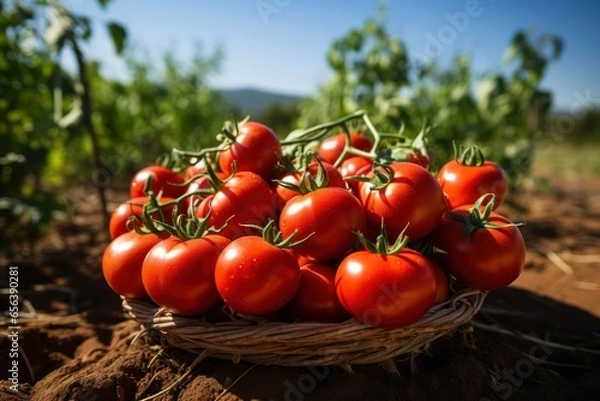 Fototapeta Fresh tomato on the ground in farm, Generate with Ai