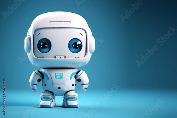 Fototapeta White robot, with blue eyes, picture from front,with navy blue background