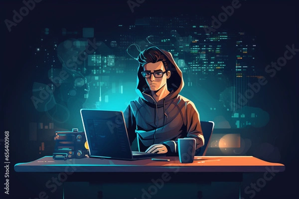 Fototapeta flat character sitting in front of a desk with a laptop on it. writing code | Generative Ai