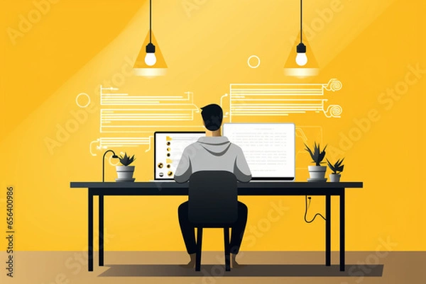 Fototapeta flat character sitting in front of a desk with a laptop on it. writing code | Generative Ai
