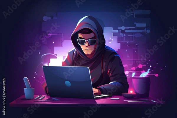Fototapeta flat character sitting in front of a desk with a laptop on it. writing code | Generative Ai