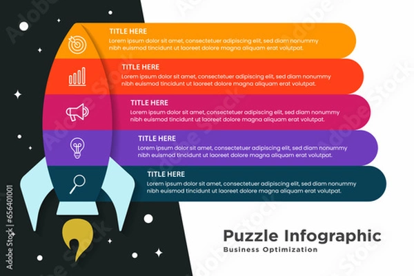 Obraz puzzle infographic related to business optimization. 5 steps with a rocket shape