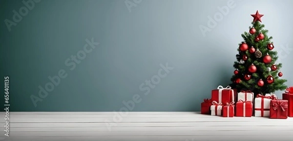 Fototapeta A large blue wall with a decorated christmas tree and gifts on one side is providing lots of negative space as background for text, graphics and personal messages